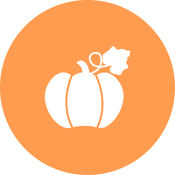 White pumpkin icon on orange circle background.