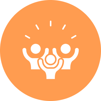 Three stylized figures raising hands, symbolizing unity and celebration.